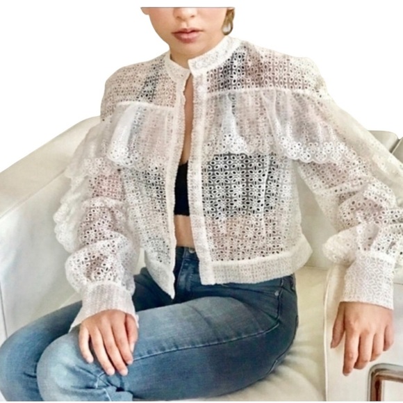 Self-Portrait - Ruffle Cutwork Lace Organza Top White US 4 - Picture 2 of 8